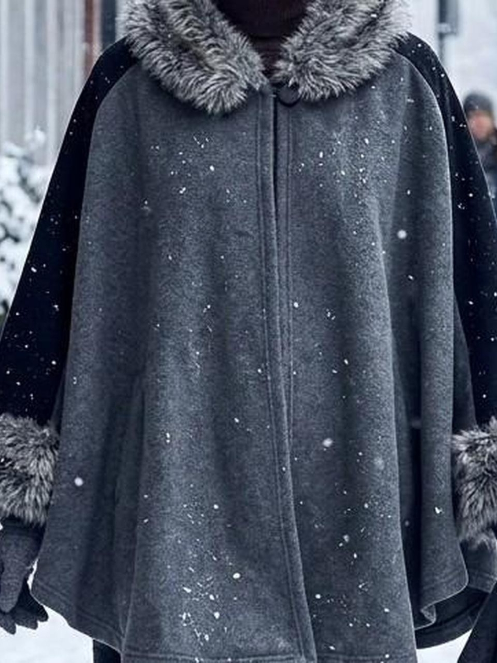 Parkhurst Gray Faux-Fur Trim Cape with Black Sleeves